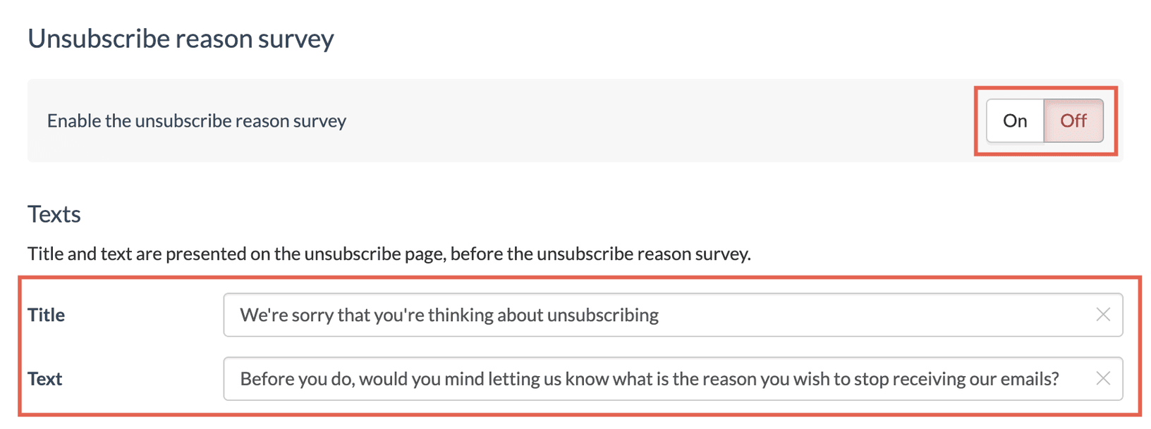 Edit unsubscribe reason survey